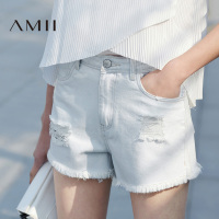 Amii[极简主义]2016夏纯色破洞毛边修身显瘦牛仔短裤女热裤夏白色