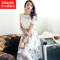 Cissylin2016夏韩版简约连衣裙中长款碎花通勤短袖大众修身A字裙