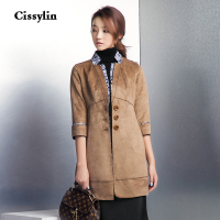 Cissylin修身中长款麂皮绒复古简约风衣2016女春新五分袖通勤外套