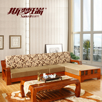 中式老榆木沙发 纯实木布艺贵妃榻沙发 L型转角布艺沙发
