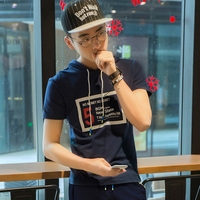 男士短袖t恤韩版修身带帽上衣服男装青少年学生薄款连帽半袖潮牌