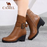 CAMEL骆驼女靴 冬季女鞋加绒高跟中筒靴粗跟骑士靴休闲女靴子