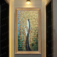 发财树 油画 欧式风景抽象手绘定制挂画 走廊玄关客厅装饰画 竖版