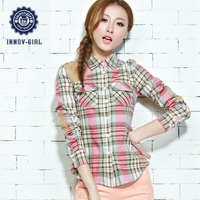 依诺薇格2015春秋新款格子衬衫修身韩版学生英伦薄款长袖女士衬衣