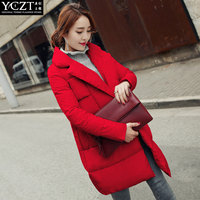 韩版羽绒服女士2015新款冬装显瘦西装领红色轻薄茧型中长款羽绒衣