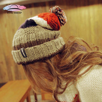 毛线帽 女士秋冬季天韩国版时尚帽子 粉色绵羊条纹拼色原宿针织帽