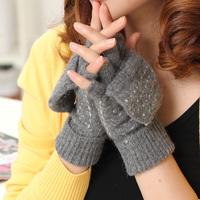 ukyou 秋冬季女士羊毛半指学生手套 韩版两用可爱保暖手套 礼物