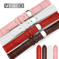 VETOO真皮表带 蝴蝶扣手表带 牛皮 粉红色白色表带 女 代用各品牌