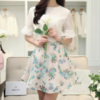 优兹美 2015夏季新款连衣裙韩版春装两件套印花蕾丝雪纺裙连衣裙