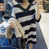 市舶司韩国女装2016春装新款V领撞色拼接条纹中袖连衣裙CA2484