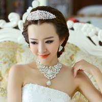 韩式新娘饰品皇冠三件套水钻婚纱配饰新娘项链结婚套链耳环首饰