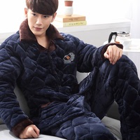 好福份冬季法兰绒中年男士睡衣套装加大码三层加厚珊瑚绒夹棉保暖