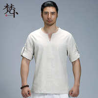 复古中国风男装亚麻短袖七分袖T恤V领夏季夏装宽松大码改良汉服男