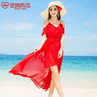 荷叶边露肩连衣裙大红色吊带裙子夏雪纺长裙海边度假沙滩裙中长款