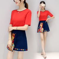 尤曼迪2016夏装新款时尚韩版T恤上衣刺绣半身裙两件套装连衣裙女