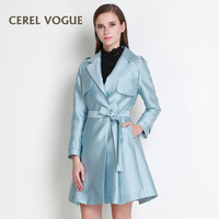 卡雷尔2016秋款新品女装韩版风衣女 职业系带长袖蓝色中长款外套