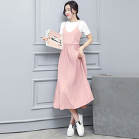 2016夏装韩版新款两件套背带连衣裙修身显瘦套装吊带长裙大摆裙