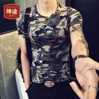 韩版短袖t恤男装潮流青少年学生衣服男士迷彩修身圆领半袖体恤衫