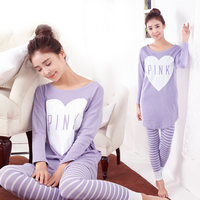 韩版女款睡衣秋季套装紫色圆领套头卡通印花针织棉家居服长袖长裤