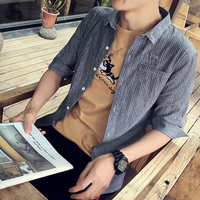 夏季薄款刺绣七分袖衬衫男韩版潮流学生修身条纹中袖衬衣男生寸衫