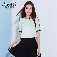 朗文斯汀2016夏季韩版女装T恤蕾丝衫短袖宽松雪纺衫女C52100082