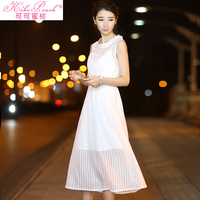 2016新款镂空名媛气质连衣裙 中长款白色高贵时尚甜美裙子两件套