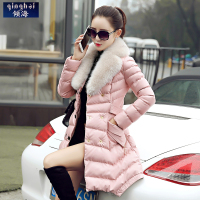2015新款冬装加厚韩版修身大毛领中长款PU皮棉衣双排扣棉袄外套