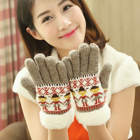 秋冬天季韩版毛线加绒手套女可爱圣诞玩偶针织厚保暖分指五指手套