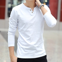新款纯棉男士长袖T恤 修身V领韩版男装 秋季纯色青少年男T恤打底
