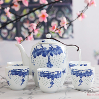 青花瓷茶具套装特价包邮 景德镇陶瓷茶具茶壶杯套装 富贵花开