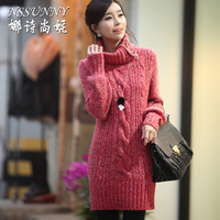 2015韩版中长款厚毛衣女冬灯笼袖加厚毛衣高领打底衫套头毛衣裙冬