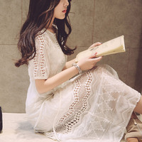 2016夏季韩国大码修身雪纺连衣裙韩版中长款短袖蕾丝长裙仙女气质