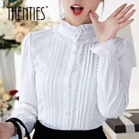 春秋新款韩版女装衬衫长袖蕾丝衫立领打底衫白色衬衣高领上衣