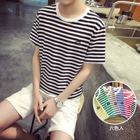 夏季黑白条纹T恤男短袖潮流韩版修身圆领半袖男体恤青少年半截袖