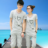 夏季情侣装韩版新款T恤男女套装沙滩装qlz短袖V领潮流青少年