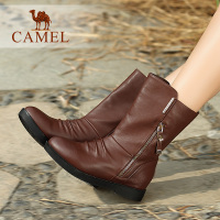 camel骆驼女靴 真皮中筒靴舒适中跟英伦靴子秋冬新款圆头女鞋