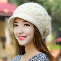 帽子女冬天 韩版兔毛帽 纯色鸭舌贝雷帽保暖针织毛线帽秋冬季时尚