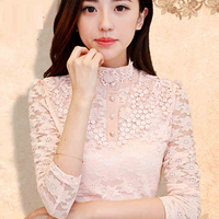 2016春秋新款韩版女装雪纺蕾丝衫女长袖上衣高领蕾丝打底衫女冬