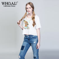 WHOAU韩国女印花T恤短款露脐百搭休闲时尚舒适WHRP52595C专柜正品