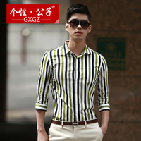 个性·公子夏季韩版修身型七分袖衬衫男士短袖条纹显瘦中袖男衬衣