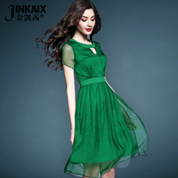 JINKAIX2016夏季新款 气质优雅百搭圆领纯色短袖中长款真丝连衣裙