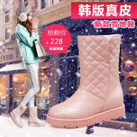 韩版真皮白色保暖雪地靴冬季女靴2016圆头平跟短靴厚底中筒靴棉鞋