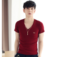 伦硕2015夏季新款 男士短袖V领T恤 拉链装饰潮男个性韩版修身体