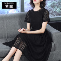 紫檀2018夏季新款韩版女装收腰显瘦中长款裙子镂空短袖蕾丝连衣裙