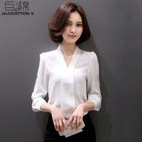 巨棉2016秋季新款女装v领白色雪纺衫韩版职业修身显瘦长袖衬衫女