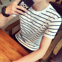 夏季男士短袖T恤青年条纹修身圆领男生t恤韩版短体恤潮半袖打底衫