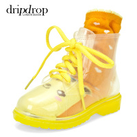 dripdrop秋冬新款 儿童水晶透明马丁雨鞋透明雨靴送可爱动物袜子