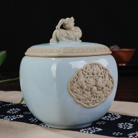 东茶西壶 陶瓷茶叶罐大号密封罐官窑醒茶罐存茶缸 青瓷浮雕麒麟罐