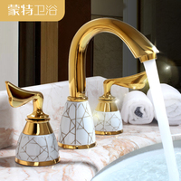 仿古铜欧式三孔分体式冷热面盆水龙头浴室双把金色台盆陶瓷套装