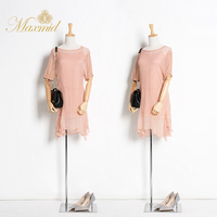 MaxMid2016春夏款100%天然桑蚕丝中长款短袖纯色两件套真丝连衣裙